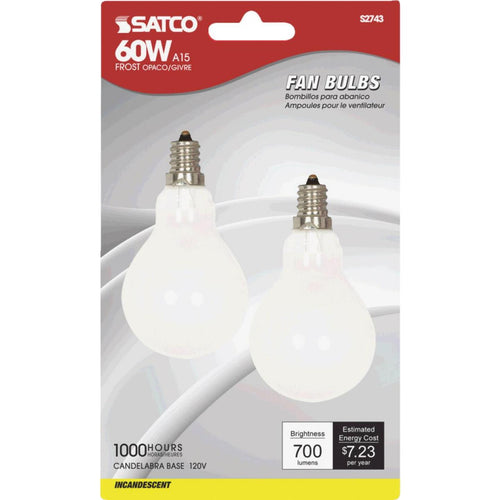 Satco 60W Frosted Soft White Candelabra A15 Incandescent Ceiling Fan Light Bulb (2-Pack)