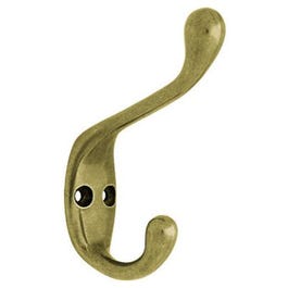 Coat & Hat Hook, Antique Brass, 3-In.