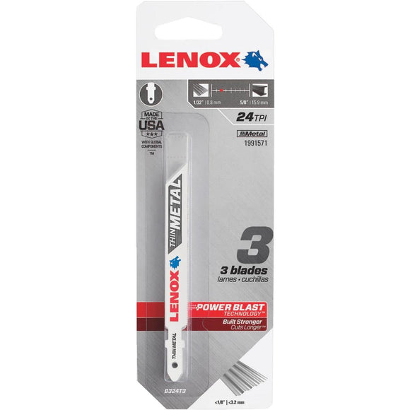 Lenox T-Shank 3-5/8 In. x 24 TPI Bi-Metal Jig Saw Blade, Thin Metal Less than 1/8 In. (3-Pack)